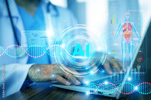 Artificial intelligence revolutionizing healthcare, as a medical professional interacts with a futuristic AI interface displaying anatomy and genetic analysis photo