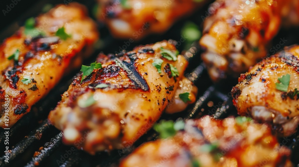 Grilled chicken wings garnished with herbs on a barbecue grill, showcasing a summer cookout scene Grilled chicken wings garnished with herbs on a barbecue grill, showcasing a summer cookout scene