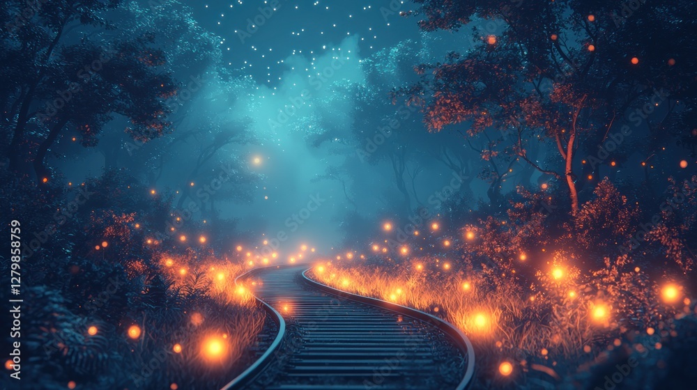 Fototapeta premium Enchanted Firefly Forest Railroad: A Nighttime Journey