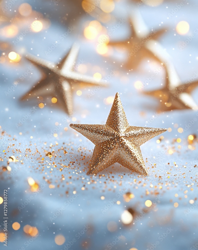 Golden Sparkling Star Decoration on Soft White Surface with Bokeh Lights and Glitter for Christmas and Holiday Celebration Background Golden Sparkling Star Decoration on Soft White Surface with Bokeh Lights and Glitter for Christmas and Holiday Celebration Background