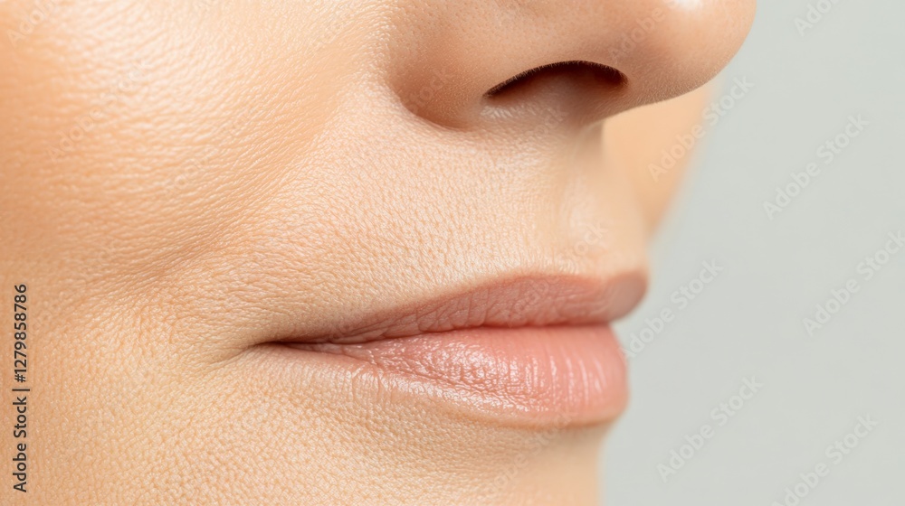Fototapeta premium Close up of a woman's lower face highlighting her flawless skin and full lips, suggesting recent cosmetology or beauty enhancement procedures
