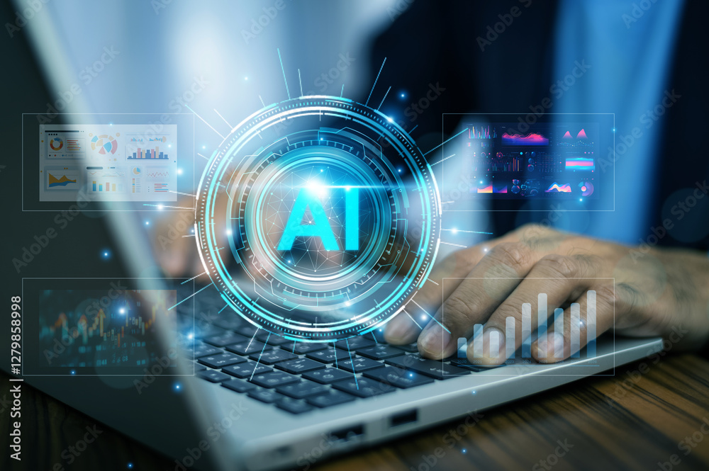 AI-driven technology enhancing business operations, visualized through a digital interface overlay on a laptop, illustrating innovation and smart computing