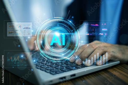 Obraz na płótnie AI-driven technology enhancing business operations, visualized through a digital interface overlay on a laptop, illustrating innovation and smart computing w salonie