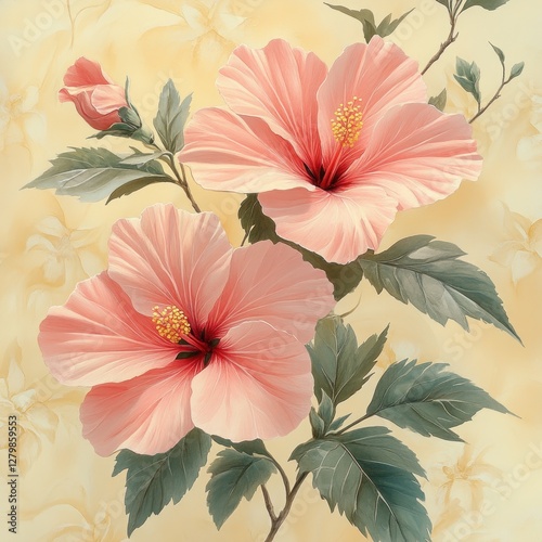 Two delicate pink hibiscus flowers in full bloom with a bud, on a soft yellow background.