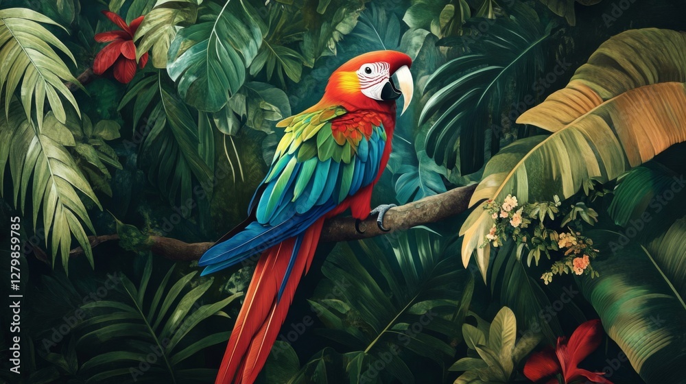 Fototapeta premium Red Macaw Perched on Branch Among Lush Green Tropical Foliage