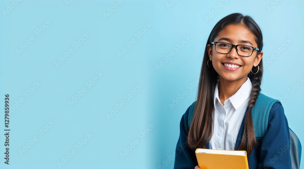 Back to school. Schoolgirl student hold book on light blue isolated studio background. School and education concept Back to school. Schoolgirl student hold book on light blue isolated studio background. School and education concept