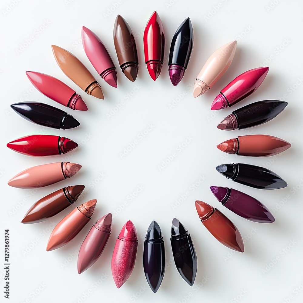Obraz premium Colorful lipsticks arranged in a circle on white background