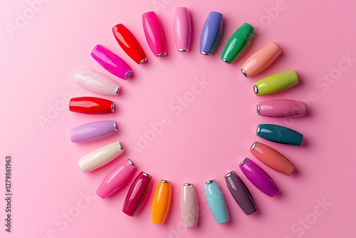 Colorful nail polish samples in a circle on a pink background