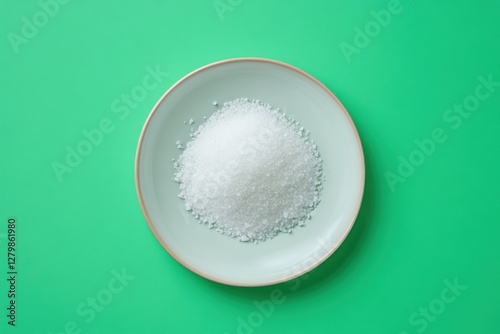 Pile of white sugar crystals on a pale green plate