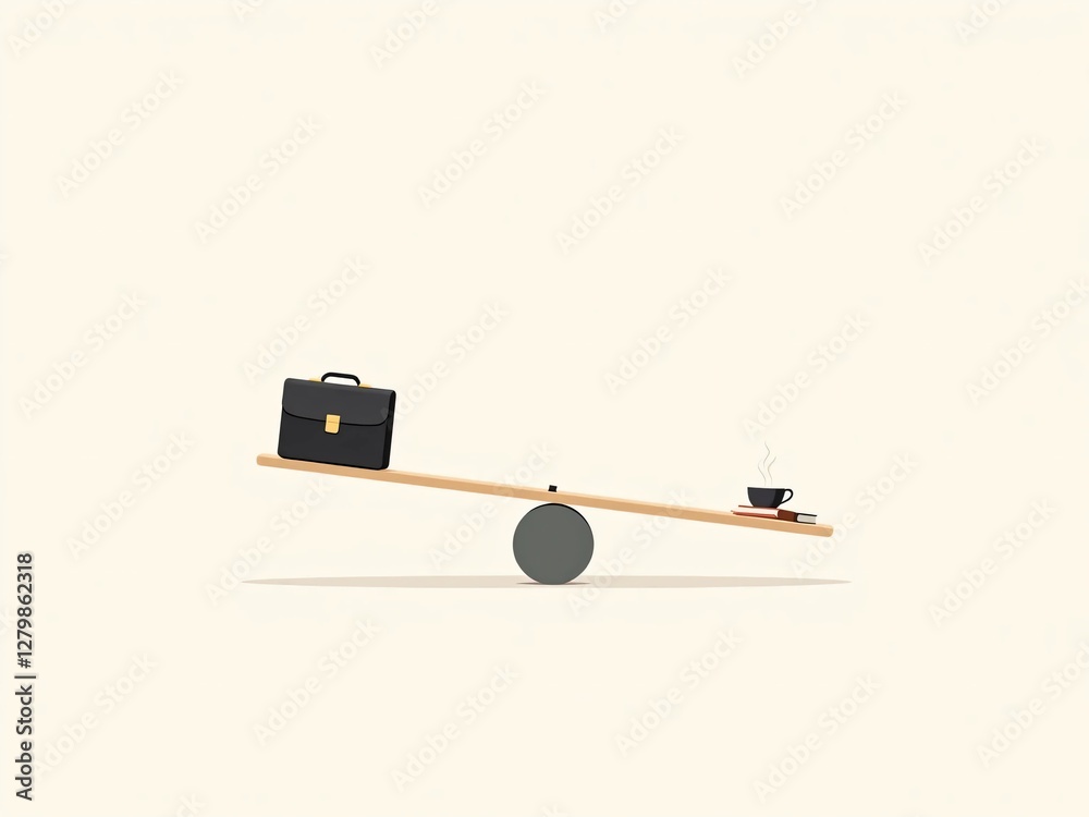 seesaw balancing a briefcase on one side and a coffee cupbook on the other seesaw balancing a briefcase on one side and a coffee cupbook on the other