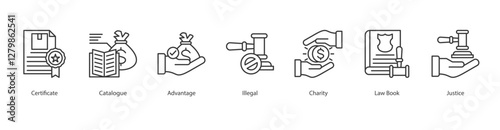 Audit Plan Icon Sheet certificate, catalogue, advantage, illegal, charity, law book, justice