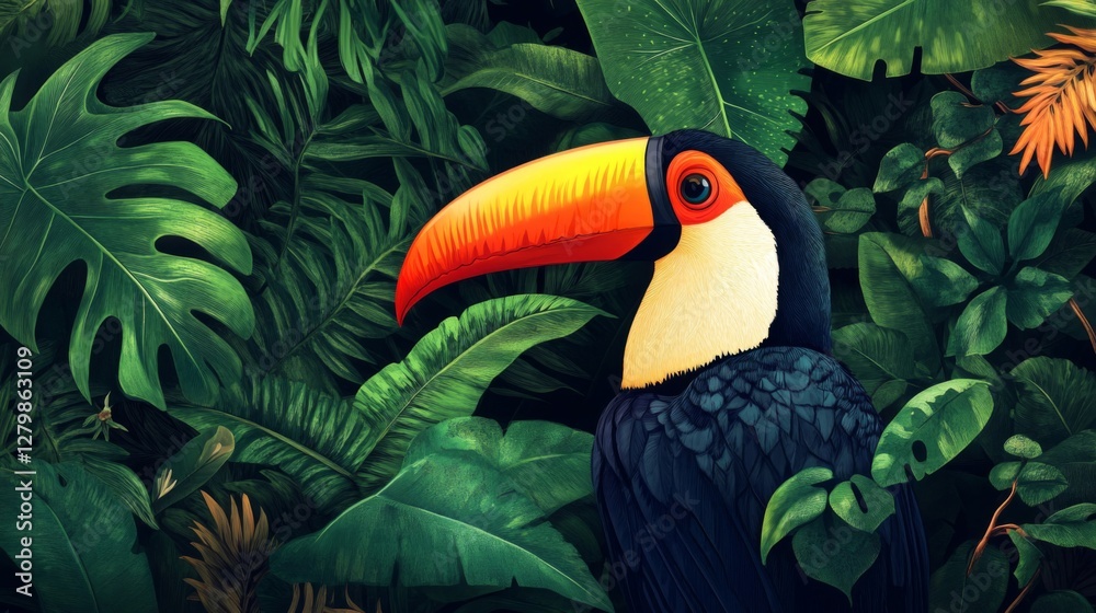 Fototapeta premium Vibrant Toucan Amid Lush Green Rainforest Foliage