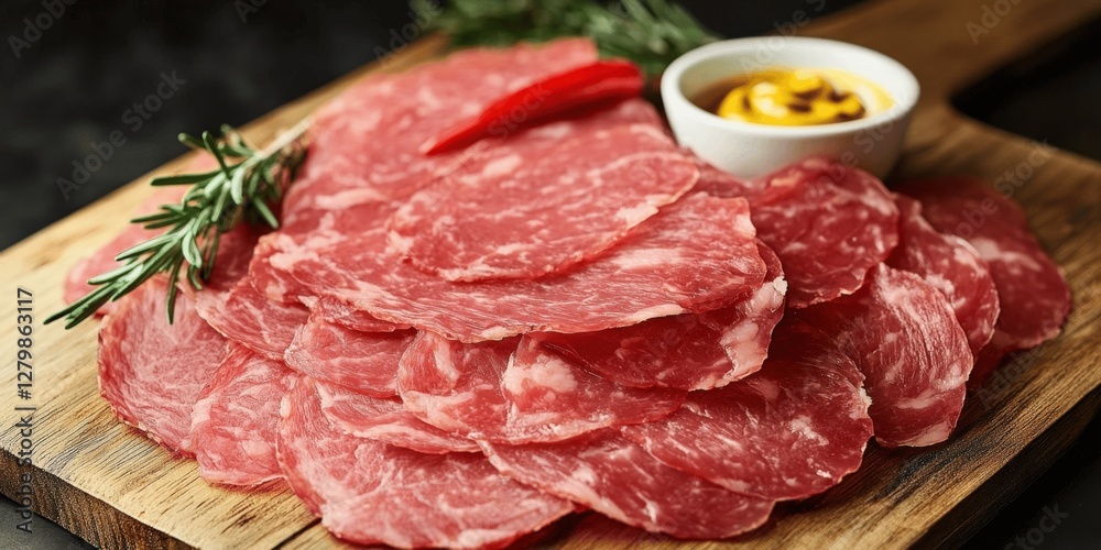 Delicious Sliced Salami with Red Chili and Mustard on Rustic Wooden Board with Fresh Herbs - Perfect for Charcuterie Boards and Gourmet Appetizers Delicious Sliced Salami with Red Chili and Mustard on Rustic Wooden Board with Fresh Herbs - Perfect for Charcuterie Boards and Gourmet Appetizers