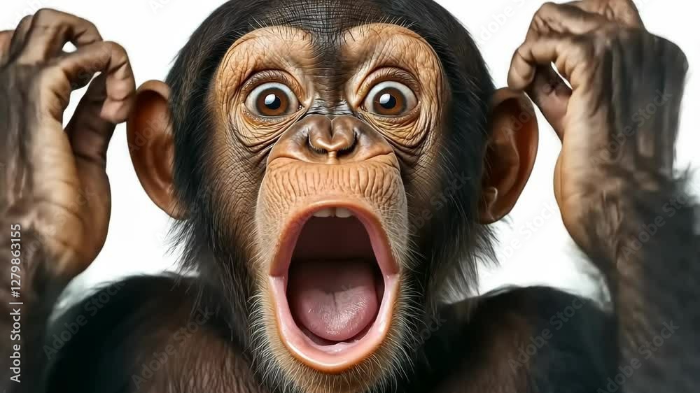 Chimpanzee expressing surprise with wide-open mouth and raised hands in a playful display of emotion Chimpanzee expressing surprise with wide-open mouth and raised hands in a playful display of emotion