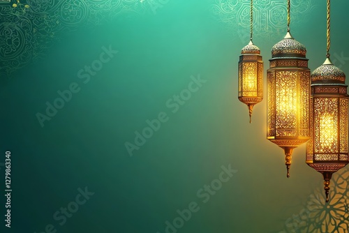 banner for ramadhan , Ornate Islamic hanging lamps glow with golden light on a gradient green-to-gold background, perfect for festive Ramadan messages and designs.