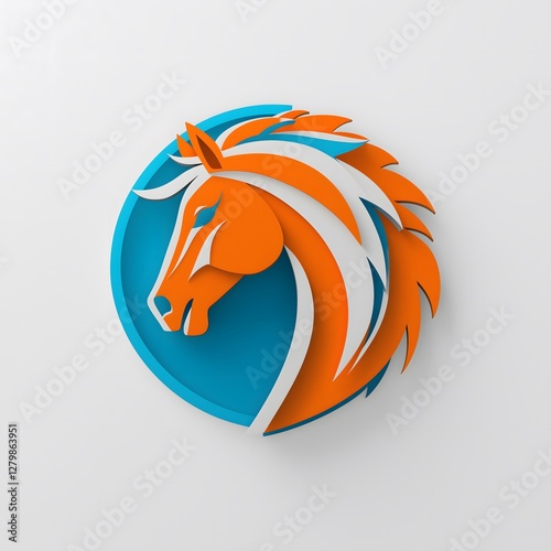 Horse logo and bar : A stylized paper-cut illustration of a horse's head, rendered in vibrant orange and white against a blue backdrop, exudes strength and elegance. This bold design. photo