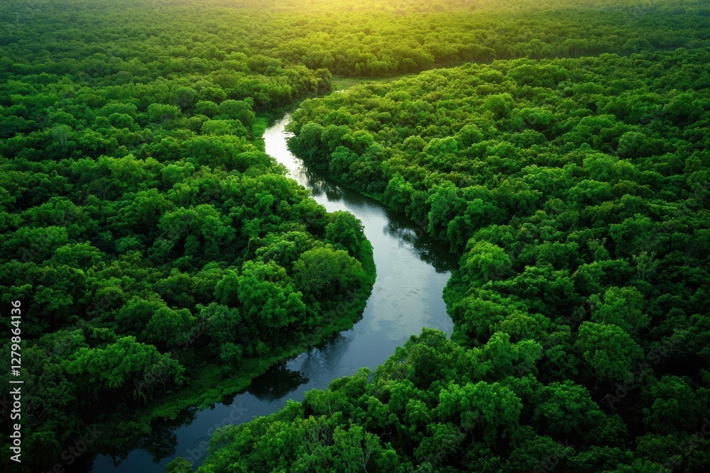 Bird's-eye view of a vibrant forest and river symbolizing eco-friendliness. Bird's-eye view of a vibrant forest and river symbolizing eco-friendliness.