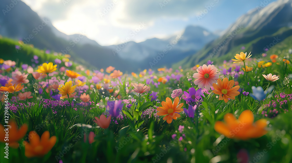 Obraz premium Beautiful Green Meadows with a Colorful Array of Blossoming Flowers