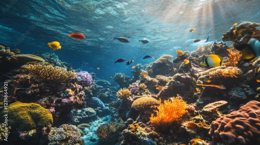 Naklejka premium Vibrant Underwater Coral Reef Scene With Colorful Fish
