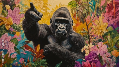 Powerful Gorilla Pointing Amidst Vibrant Tropical Flowers photo