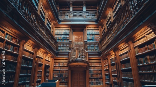 Grand Library Interior, High Ceilings, Bookshelves, Study Space, Historical Architecture, Educational Center,  Vast Collection, Powerful