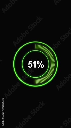 Green loading circle countdown mid circle stroke animation, loading circle 0-100 on black background.