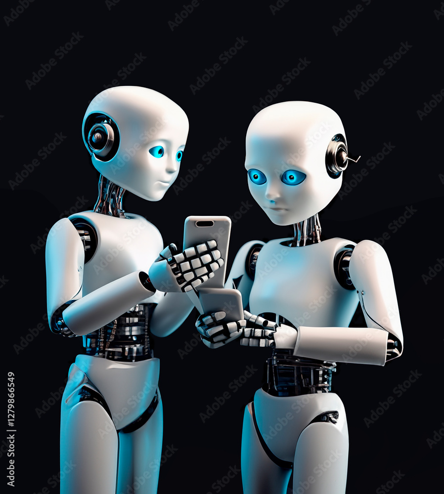 Two humanoid robots using cell phones , conceptual imagery