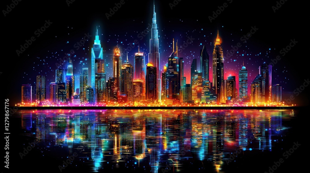 Obraz premium Neon Nightscape: A vibrant cityscape reflected in tranquil waters under a starry sky.