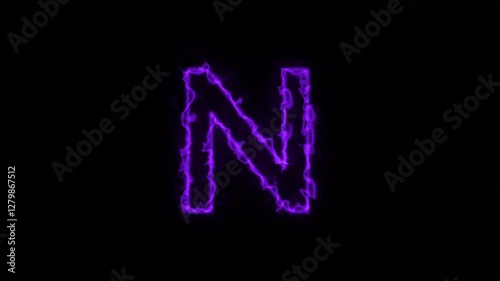 Animated neon letter N, trendy glowing loop neon alphabet letter N, Bright neon glowing light purple letter N, Seamless looping animation on black background.