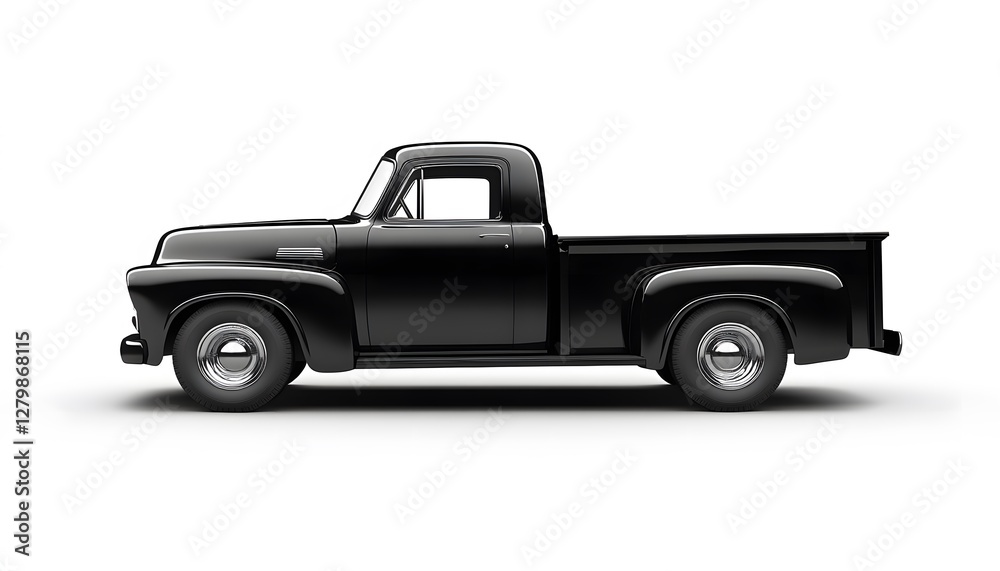 Obraz premium A shiny black classic pickup truck sits on white surface