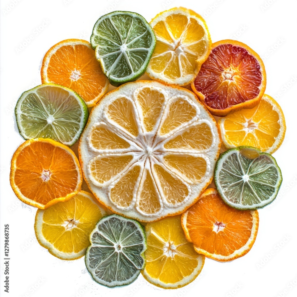 Obraz premium Colorful Arrangement of Fresh Citrus Slices Including Lemon, Lime, Orange, and Blood Orange on White Background