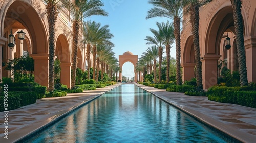 Resort pool, palm trees, archway, sunny day, luxury travel brochure