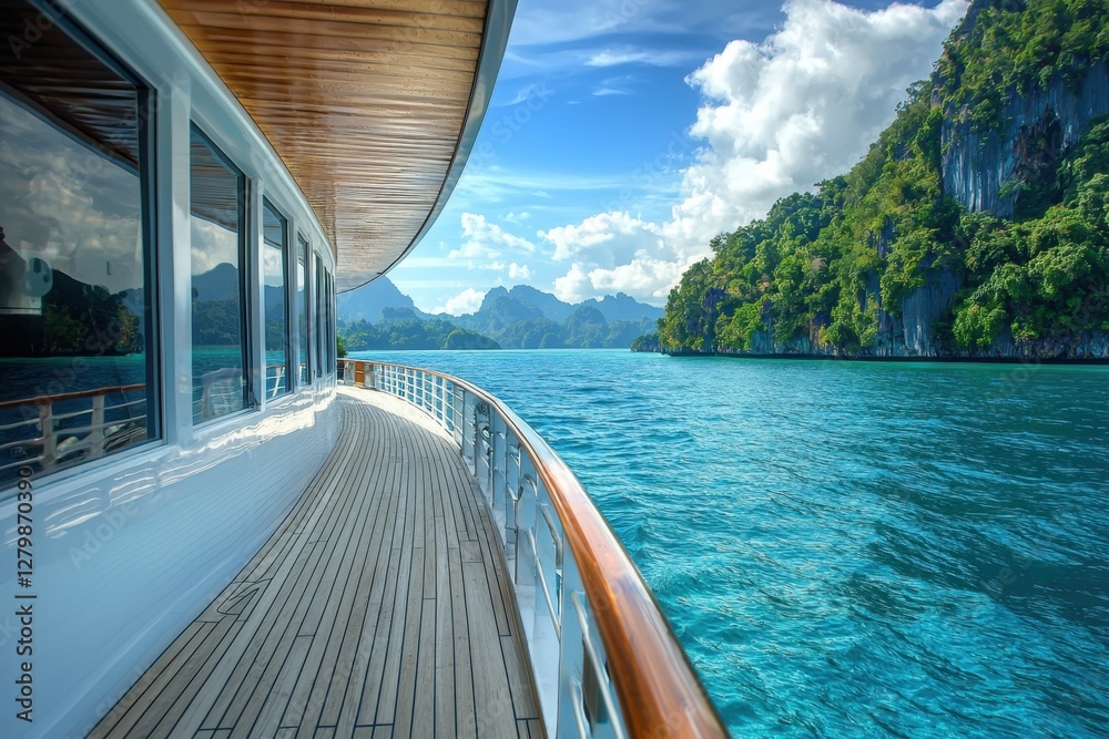 Fototapeta premium A panoramic view of the ocean from a luxury cruise deck, crystal clear waters and mountains.