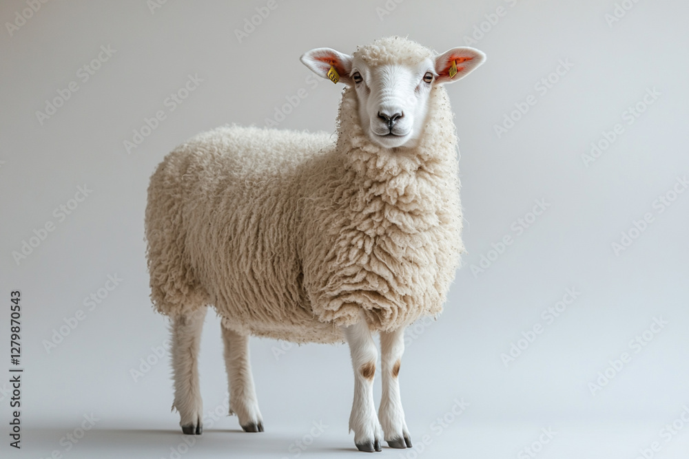Fototapeta premium Sheep standing on a white background. Animal side portrait.