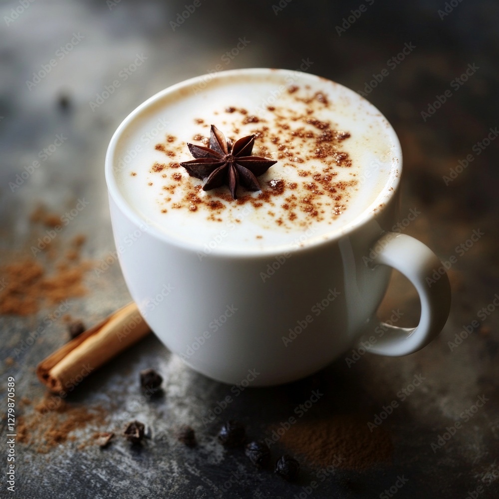 Creamy chai latte with star anise and cinnamon on rustic background Creamy chai latte with star anise and cinnamon on rustic background