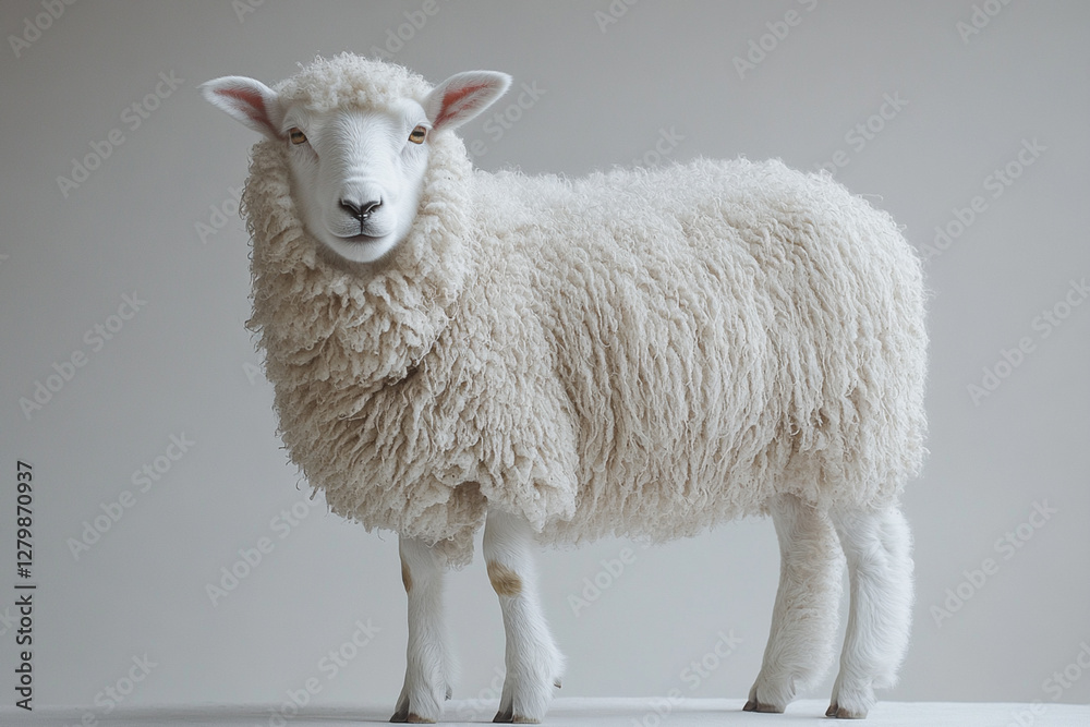 Fototapeta premium Sheep standing on a white background. Animal side portrait.