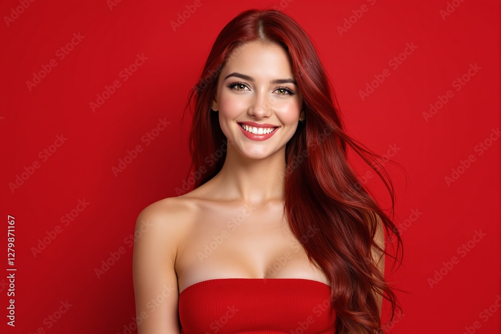 Portrait of a woman with long red hair and a radiant smile, wearing a red top against a red background. Concept of beauty, confidence, and elegance. Ai generative Portrait of a woman with long red hair and a radiant smile, wearing a red top against a red background. Concept of beauty, confidence, and elegance. Ai generative