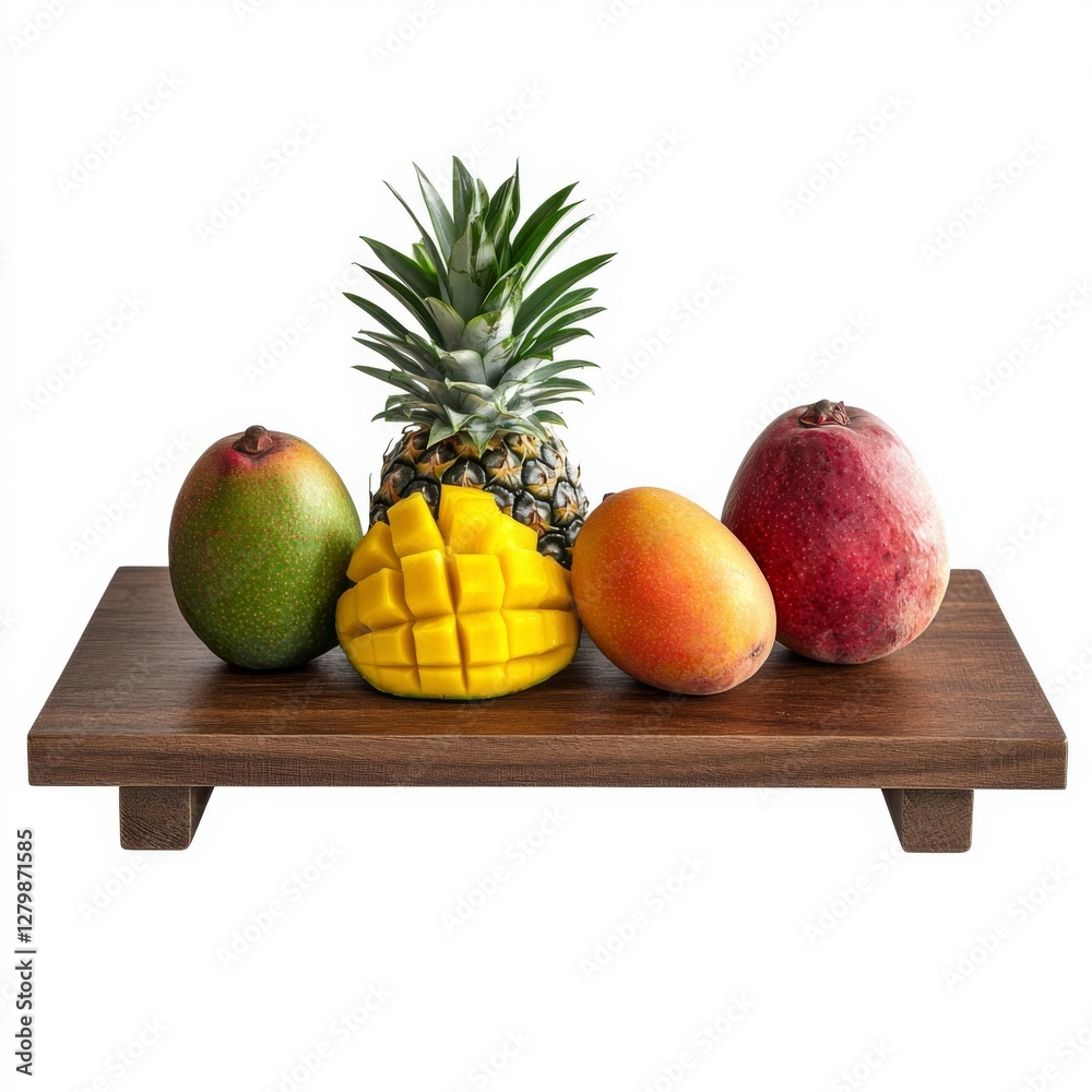 Vibrant Arrangement of Tropical Fruits on Wooden Plate Against a Clean White Background for Culinary and Health Promotions Vibrant Arrangement of Tropical Fruits on Wooden Plate Against a Clean White Background for Culinary and Health Promotions