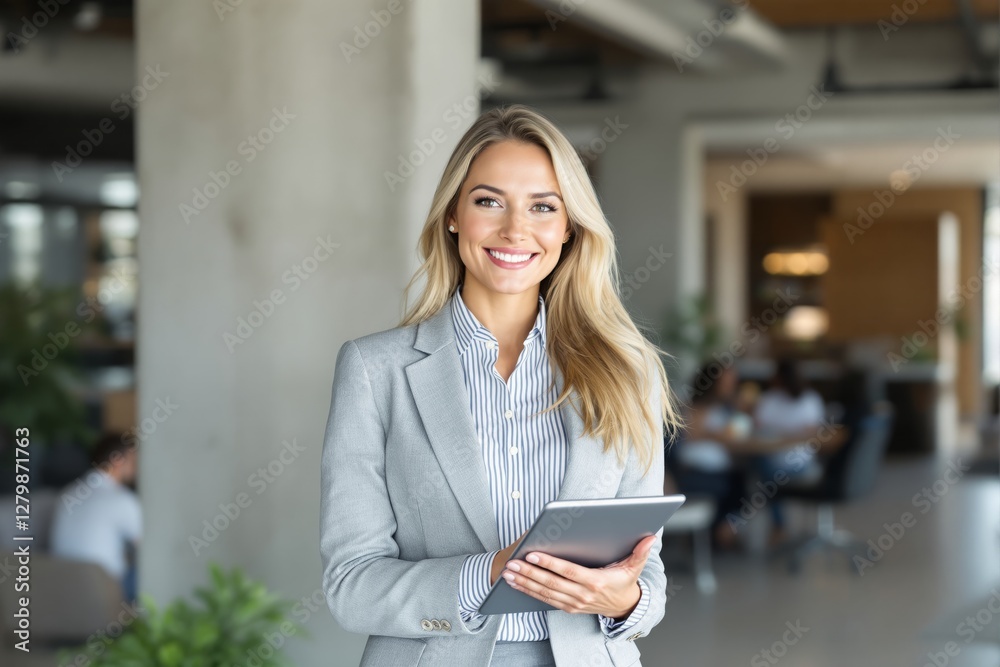 Fototapeta premium Professional businesswoman in grey suit holding a tablet, smiling confidently in a modern office background. Concept of leadership and corporate success. Ai generative