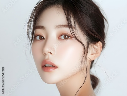 asian beauty woman with clean fresh skin on white background, beauty and spa, Face care and treatment, Cosmetology, plastic surgery, cosmetic surgery, korean girl, korean woman, Generative AI