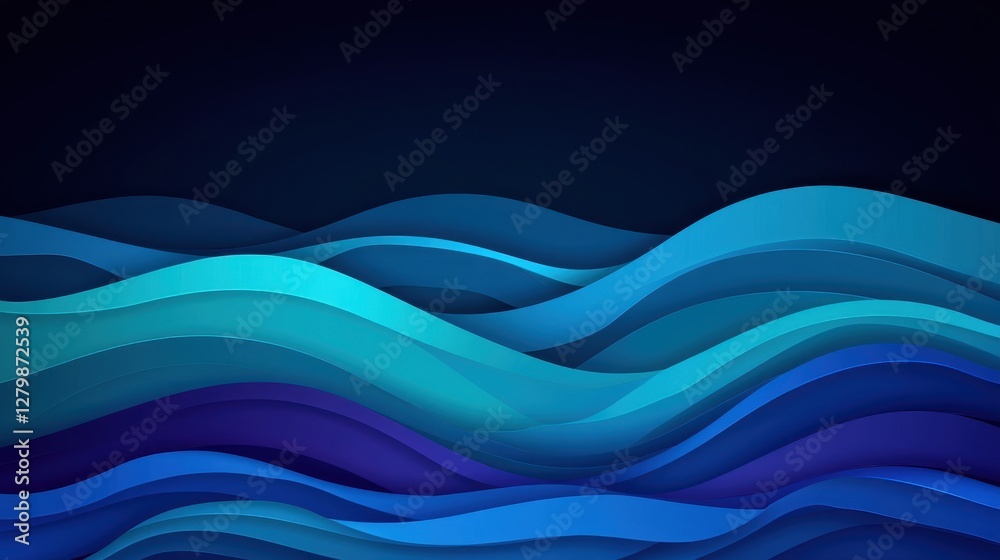 Fototapeta premium A serene abstract design featuring flowing waves in shades of blue, creating a calming and fluid visual effect against a dark background.