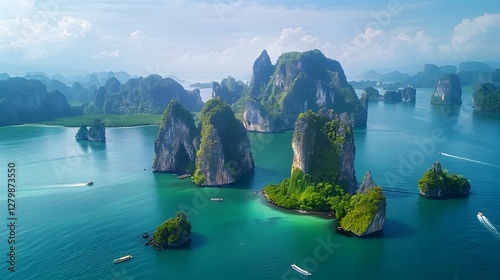 Phang Nga Bay A Drones Eye Perspective of Towering Limestone Cliffs and Emerald Waters photo