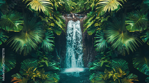 Serene Jungle Waterfall Surrounded by Lush Greenery