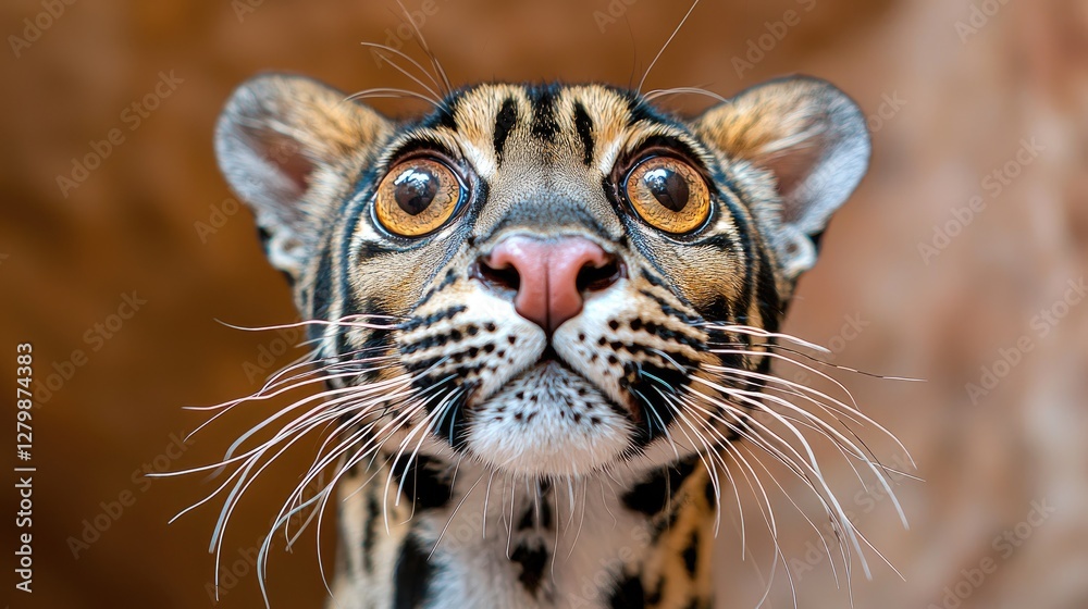 Fototapeta premium Ocelot portrait, zoo enclosure, curious gaze, blurred background, wildlife photography