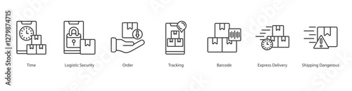 Network Provisioning Icon Sheet time, logistic security, order, tracking, barcode, express delivery, shipping dangerous