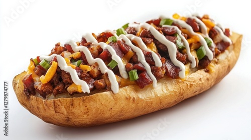 Loaded baked potato with bacon, cheese, and sour cream. Perfect for illustrating comfort food, recipes, or restaurant menus.
