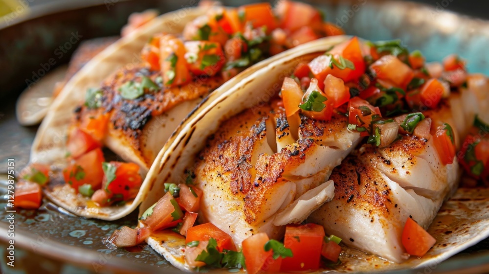 Tempting Fish Taco Plate: Crispy Fish on Warm Tortillas with Zesty Salsa Tempting Fish Taco Plate: Crispy Fish on Warm Tortillas with Zesty Salsa