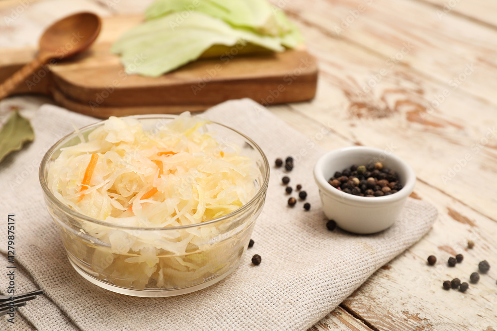 Delicious sauerkraut in bowl with peppercorns on white wooden background. Closeup Delicious sauerkraut in bowl with peppercorns on white wooden background. Closeup