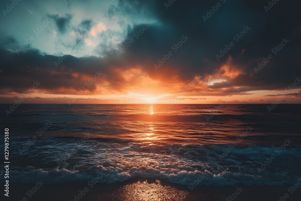 Obraz premium Dramatic Ocean Sunset, Waves Crashing Shore