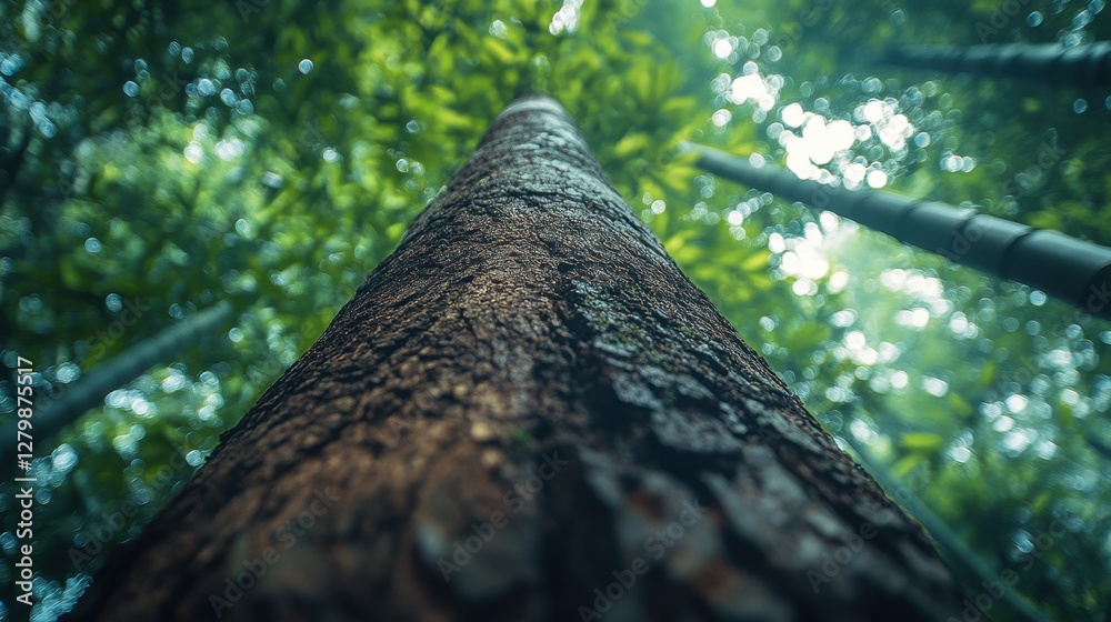 Low-angle view of a large tree trunk in lush forest. Illustrates nature's grandeur, perfect for environmental themes. Low-angle view of a large tree trunk in lush forest. Illustrates nature's grandeur, perfect for environmental themes.